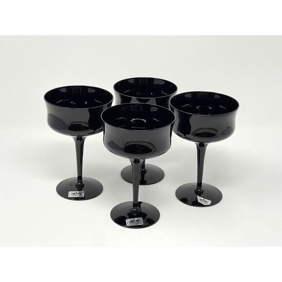 AMERICAN MANOR Ebony Black Vintage MCM Crystal Champagne Coupe Sherbet set Of 4 - Picture 1 of 5